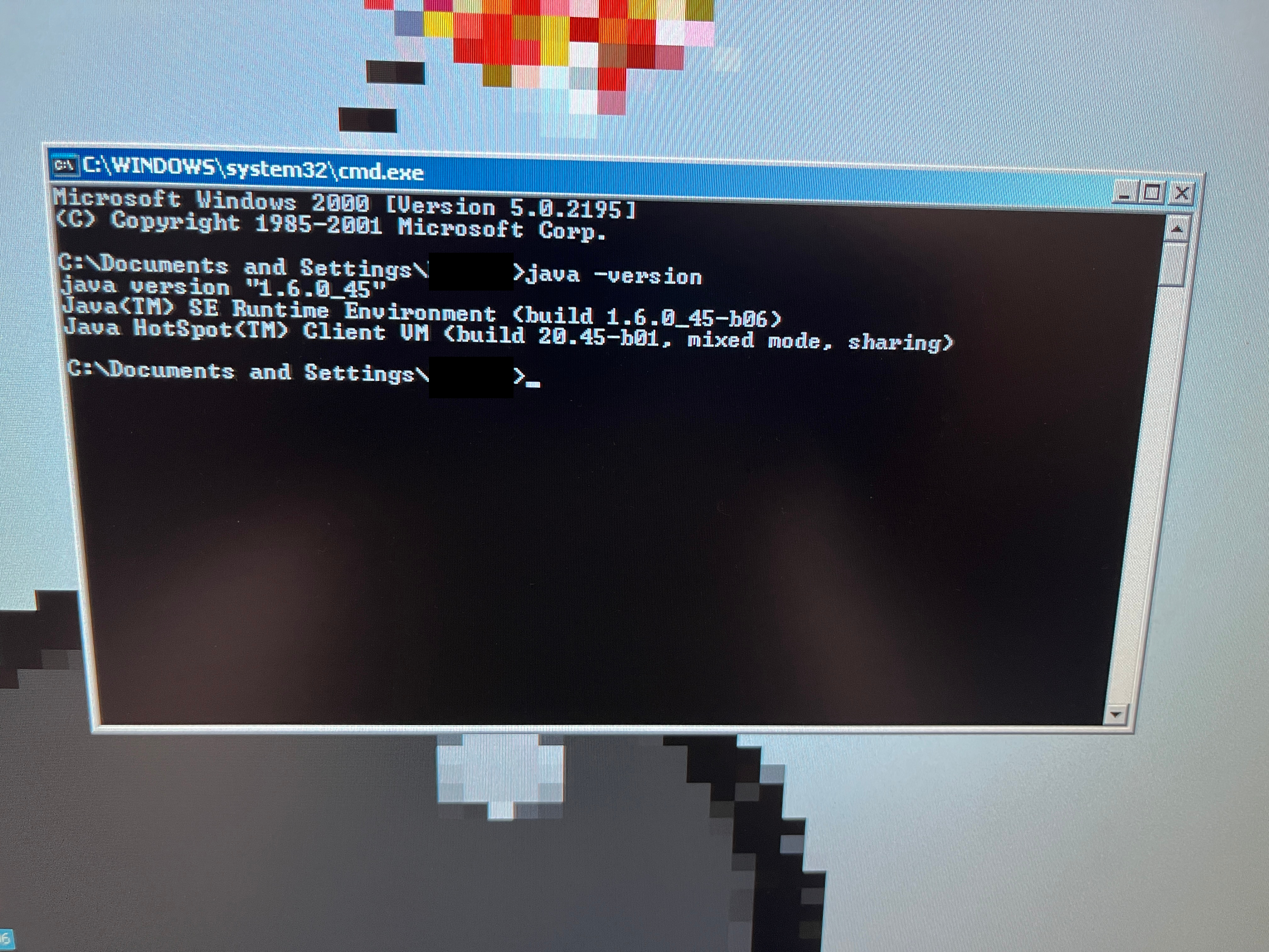 java -version output confirming Java 6 on Windows 2000